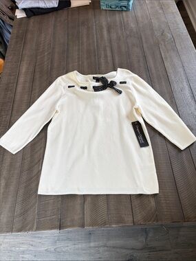 Designers Originals White Long-Sleeve Top with Black Polka Dot Bow